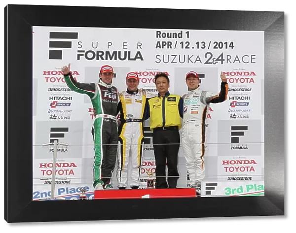 2014 Super Formula Series. Suzuka, Japan. 12th - 13th April 2014. Rd 1. Winner Loic Duval ( #8 Team KYGNUS SUNOCO SF14 ) 2nd position James Rossiter ( #3 FUJI CORPORATION KONDO SF14 ) 3rd position Hiroaki Ishiura ( #38 P.MU / CERUMO·INGING SF14)