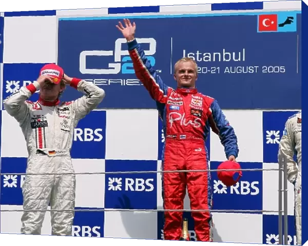 GP2 Series: Nico Rosberg ART, race winner Heikki Kovalainen Arden International and Adam Carroll Super Nova on the podium