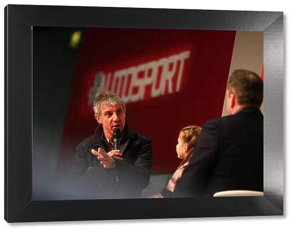 Autosport International Exhibition. National Exhibition Centre, Birmingham, UK. Sunday 14th January 2018. Jason Plato and daughter talk to Henry Hope-Frost on the Autosport Stage. World Copyright: Mike Hoyer / JEP / LAT Images Ref: MDH10094