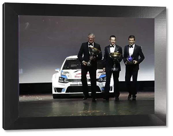 2013 FIA Gala Dinner and Awards. Paris, France. Friday 6th December 2013. World Rally Champions Sebastien Ogier and Julien Ingrassia on stage with their VW Polo WRC. World Copyright & Mandatory Credit: FIA