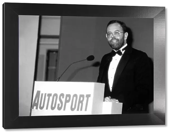 1990 Autosport Awards. Queen Elizabeth II Conference Centre, London, England. 13th December 1990. Peter Foubister welcomes the guests, portrait. World Copyright: LAT Photographic Ref: B / W Print