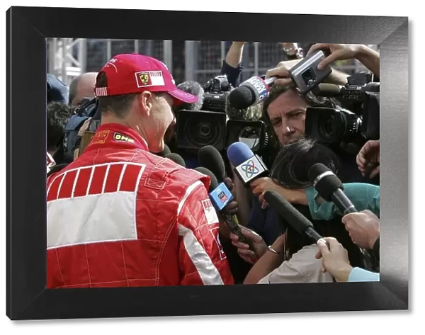 2006 Brazilian Grand Prix - Saturday Qualifying Interlagos, Sao Paulo, Brazil. 19th - 22nd October 2006. Michael Schumacher, Ferrari 248F1, takes to the media