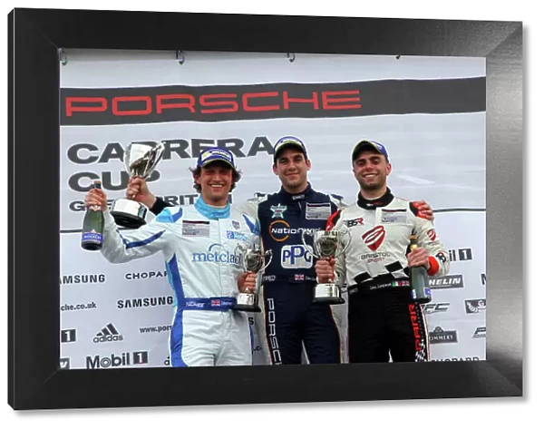 2016 Porsche Carrera Cup Brands Hatch, 2nd-3rd April 2016, Race 2 Podium, Stephen Jelley, Dan Cammish and Dino Zamaprelli World copyright. Jakob Ebrey / LAT photographic