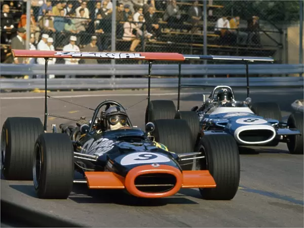 1969 Spanish Grand Prix - Pedro Rodriguez and JP Beltoise: Pedro Rodriguez, B. R. M. P126, retired, leads Jean-Pierre Beltoise, Matra MS80-Ford