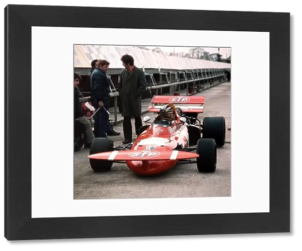 1971 Formula One Testing: Ronnie Peterson, in the pit lane at the launch, portrait