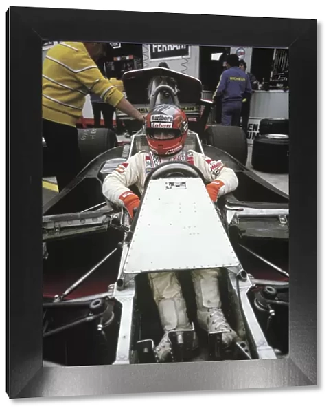 1979 Belgian Grand Prix: Gilles Villeneuve, 7th position, in the pits, portrait