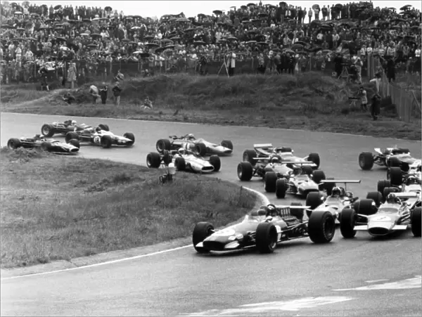 Zandvoort, Holland. 23 June 1968: Jochen Rindt, Brabham BT26-Repco, retired, leads Graham Hill, Lotus 49B-Ford, 9th position, Chris Amon, Ferrari 312