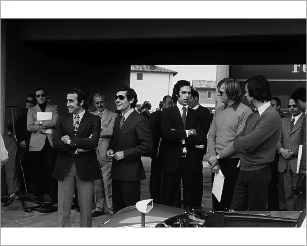 1972 Formula 1 World Championship: L to R: Ferrari drivers Clay Regazzoni, Jacky Ickx, Ronnie Peterson and Tim Schenken, pictured here at the opening of Fiorano