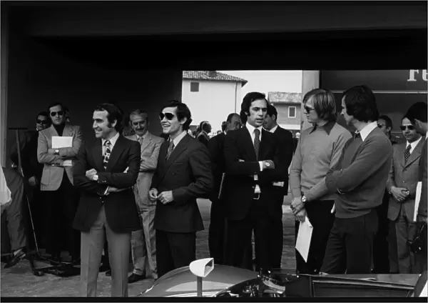1972 Formula 1 World Championship: L to R: Ferrari drivers Clay Regazzoni, Jacky Ickx, Ronnie Peterson and Tim Schenken, pictured here at the opening of Fiorano