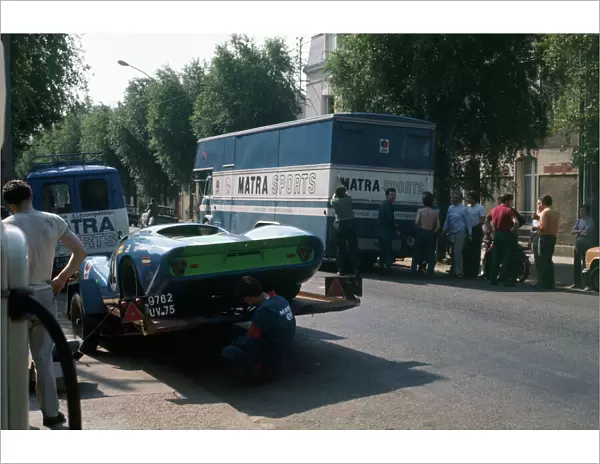 1969 Le Mans 24 hours: The Matra team trucks with a MS630 on a trailer, atmosphere