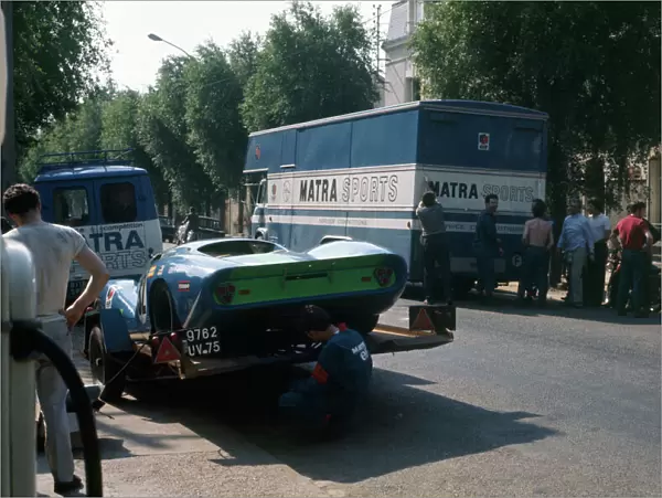 1969 Le Mans 24 hours: The Matra team trucks with a MS630 on a trailer, atmosphere