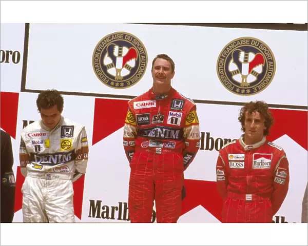1987 French Grand Prix: Nigel Mansell 1st position, Nelson Piquet 2nd position and Alain Prost 3rd position on the podium