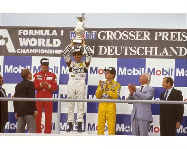1987 German Grand Prix: Nelson Piquet 1st position, Stefan Johansson 2nd position and Ayrton Senna 3rd position on the podium