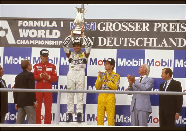 1987 German Grand Prix: Nelson Piquet 1st position, Stefan Johansson 2nd position and Ayrton Senna 3rd position on the podium
