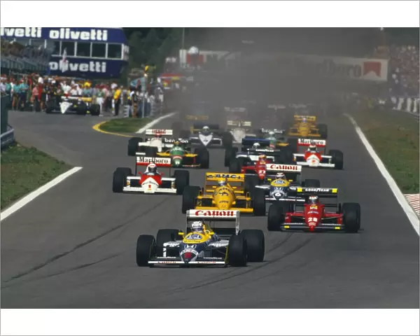 1987 Portuguese Grand Prix: Nigel Mansell leads Gerhard Berger Ayrton Senna, Nelson Piquet and Alain Prost at the start, action