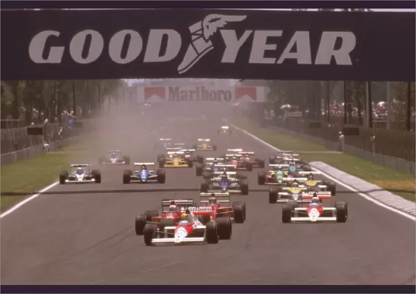 1989 Mexican Grand Prix: Ayrton Senna leads Nigel Mansell and Gerhard Berger with teammate Alain Prost at the start of the race, action