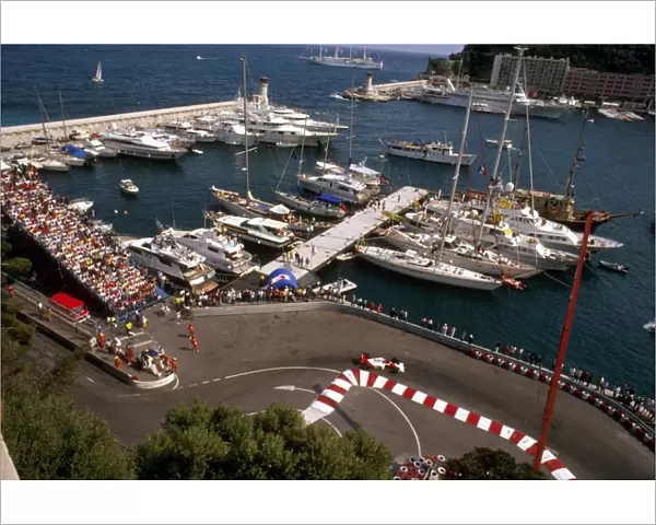 1989 Monaco Grand Prix: Alain Prost 2nd position at the Nouvelle Chicane with the harbour behind