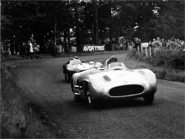 Dundrod, Great Britain. 17 September 1955: Juan Manuel Fangio  /  Karl Kling, 2nd position, leads Mike Hawthorn  /  Desmond Titterington, action