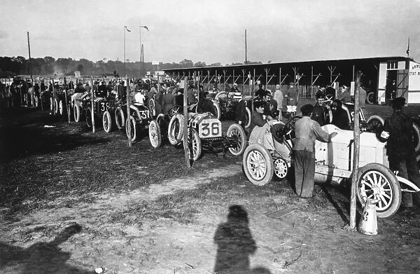 1908 French Grand Prix: The Mercedes of race winner Christian Lautenschlager, is prepared in the paddock, before the start of the race