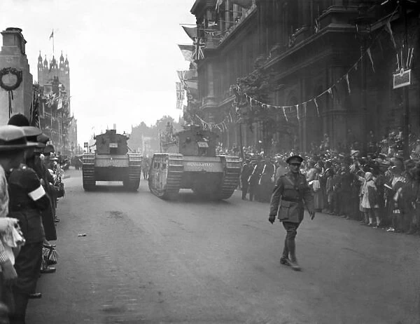 1919 Peace Day: JULY 19: Tanks are paraded past the Cenotaph in Whitehall, London, during Peace Day celebrations during the Peace Day on July 19