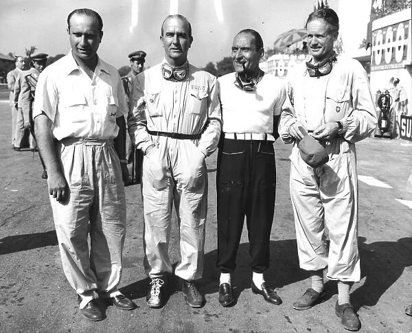 1950 Italian Grand Prix: The Alfa Romeo team before the start. Juan Manuel Fangio, Giuseppe Farina, Felice Bonetto and Emmanuel de Graffenried