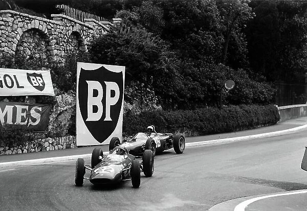 1962 Monaco Grand Prix. Monte Carlo, Monaco. 31 May-3 June 1962. Jack Brabham (Lotus 24-Climax) leads Phil Hill (Ferrari Dino 156) into the Old Station Hairpin