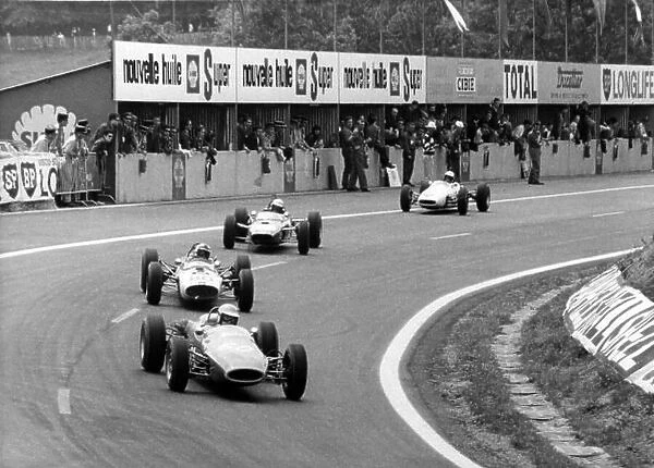 1965 Formula Three Championship. Charade, Clermont-Ferrand, France. 25-27 June 1965. Bianchi leads Stiller, Irwin and Hitchcock catching up after a spin, action. World Copyright - LAT Photographic. Ref: B / W Print