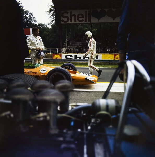 1968 French GP. ROUEN-LES-ESSARTS, FRANCE - JULY 07: Bruce McLaren in the pits