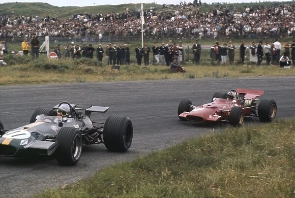 1969 Dutch Grand Prix: Jack Brabham, Brabham BT26A Ford, leads Chris Amon, Ferrari 312