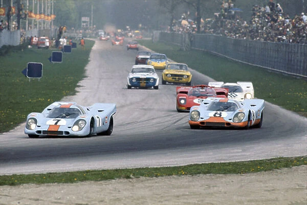 1970 Monza 1000 kms. Monza, Italy. 25th April 1970. Rd 4. Pedro Rodriguez / Leo Kinnunen (Porsche 917K), 1st position, leads Jo Siffert / Brian Redman (Porsche 917K), 12th position, action. World Copyright: LAT Photographic