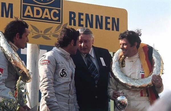 1973 Nurburgring 1000kms Nurburgring, Germany. 27th May 1973 Race podium, Brian Redman, Ferrari 312PB, 1st position, Carlos Pace, 2nd and Jackie Ickx, 3rd. World Copyright: LAT Photographic ref: 35mm Image