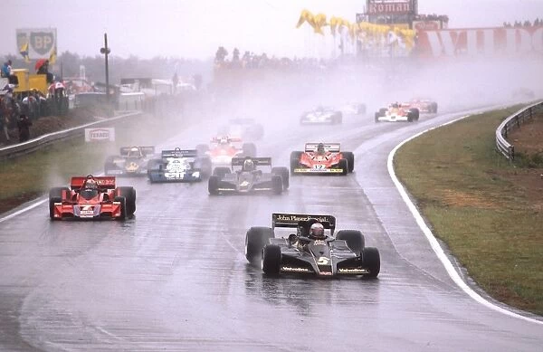 1977 Belgian Grand Prix: Mario Andretti leads John Watson, Gunnar Nilsson, Patrick Depailler, Jody Scheckter and Carlos Reutemann at the start