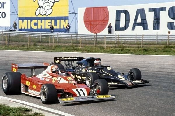 1977 Dutch Grand Prix. Zandvoort, Holland. 26-28 August 1977. Niki Lauda (Ferrari 312T2) 1st position battles with Mario Andretti (Lotus 78 Ford). World Copyright - LAT Photographic. Ref-77 HOL 06