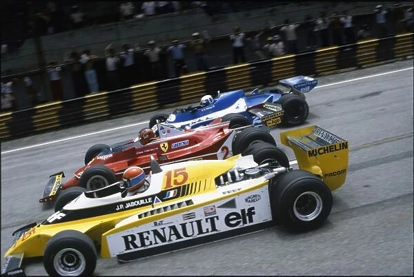 1980 Brazilian Grand Prix: Jean-Pierre Jabouille, Renault RE20, Gilles Villeneuve, Ferrari 312T5 and Didier Pironi, Ligier JS11  /  15-Ford, at the start