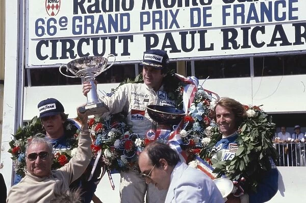 1980 French Grand Prix: Alan Jones 1st position, Didier Pironi 2nd position and Jacques Lafitte 3rd position on the podium