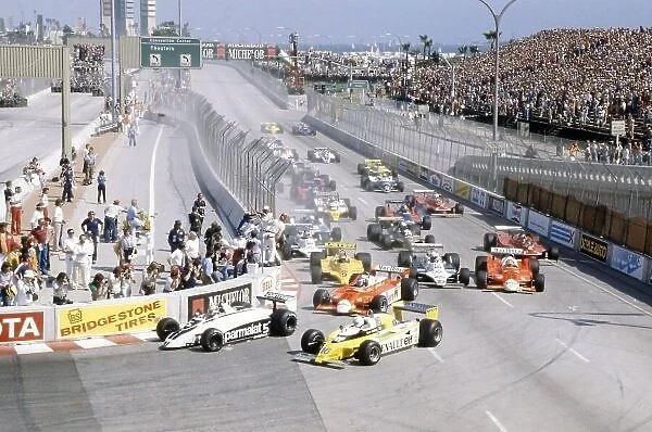1980 United States Grand Prix West. Long Beach, California, USA. 28-30 March 1980. Nelson Piquet (Brabham BT49-Ford Cosworth) leads Rene Arnoux (Renault RE20), Patrick Depailler (Alfa Romeo 179B), Jan Lammers (ATS D4-Ford Cosworth)