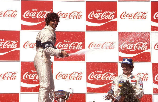 1981 Argentinian Grand Prix. Buenos Aires, Argentina. 10-12 April 1981. Nelson Piquet (Brabham Ford) 1st position and Alain Prost (Equipe Renault) 3rd position on the podium. Ref-81ARG 03. World Copyright - LAT Photographic