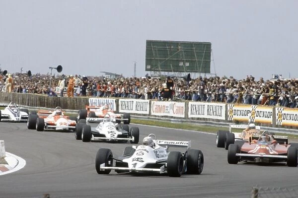 1981 British Grand Prix: Alan Jones leads Gilles Villeneuve, Riccardo Patrese, Carlos Reutemann, Mario Andretti, Bruno Giacomelli and Hector Rebaque