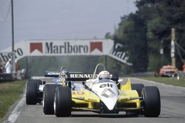 1982 Belgian Grand Prix. Zolder, Belgium. 7-9 May 1982. Alain Prost (Renault RE30B) leads Michele Alboreto (Tyrrell 011-Ford Cosworth). World Copyright: LAT Photographic Ref: 35mm transparency 82BEL28