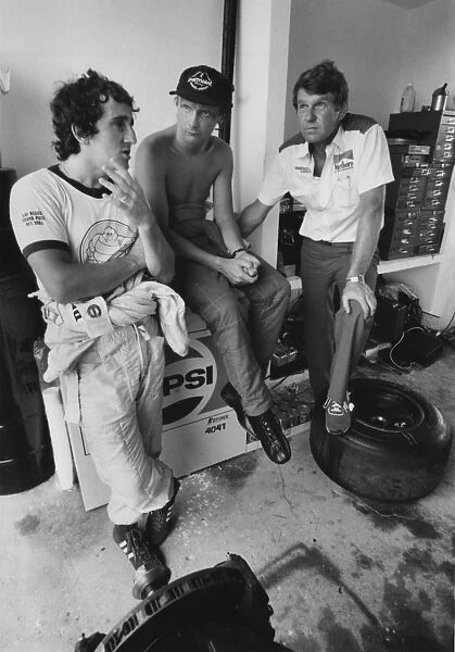 1982 Brazilian Grand Prix: Rio de Janeiro, Brazil. 19-21 March 1982. Niki Lauda, retired. World Ref: B  /  W Print. with Alain Prost