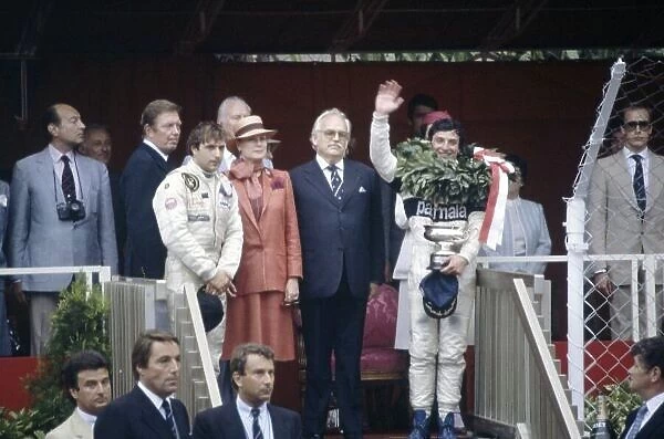 1982 Monaco Grand Prix. Monte Carlo, Monaco. 20-23 May 1982. Riccardo Patrese (Brabham BT49D-Ford Cosworth), 1st position and Elio de Angelis (Lotus 91-Ford Cosworth), 5th position, on the podium with Princess Grace and Prince Rainier