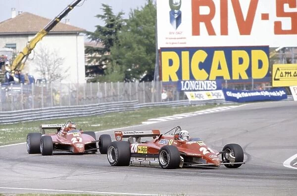 1982 San Marino Grand Prix. Imola, Italy. 23-25 April 1982. Didier Pironi leads Gilles Villeneuve (both Ferrari 126C2). They finished in 1st and 2nd positions respectively. World Copyright: LAT Photographic Ref: 35mm transparency 82SM62