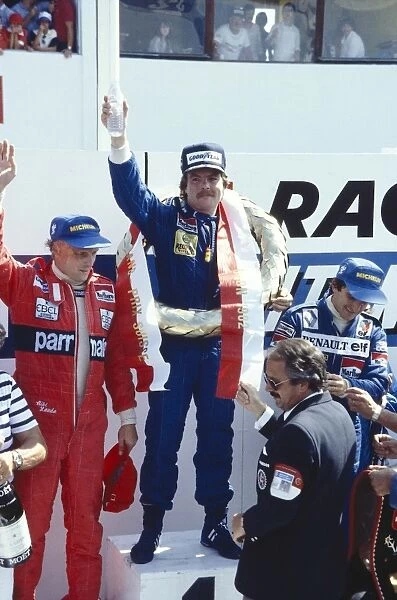 1982 Swiss Grand Prix: Keke Rosberg 1st position, Alain Prost 2nd position and Niki Lauda 3rd position on the podium