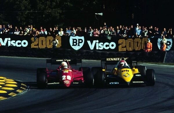 1983 European GP. Rene Arnoux and Eddie Cheever fight for position around Druids Bend at Brands Hatch. Photo: LAT