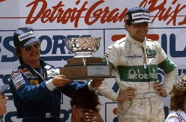 1983 United States Grand Prix: Michele Alboreto 1st position, Keke Rosberg 2nd position on the podium