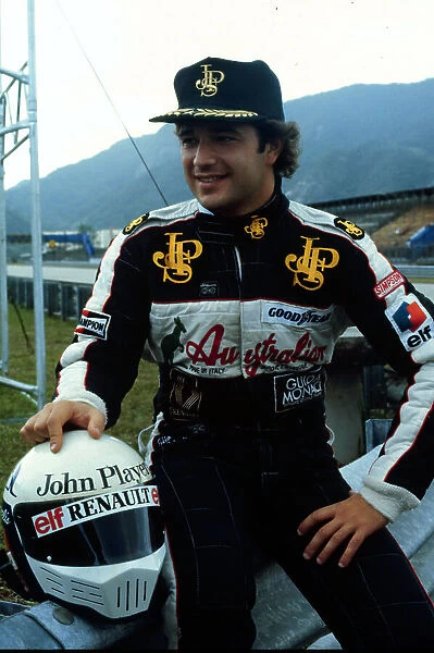 1984 BRAZILIAN GP. Lotus Driver Elio de Angelis poses in his new racewear for