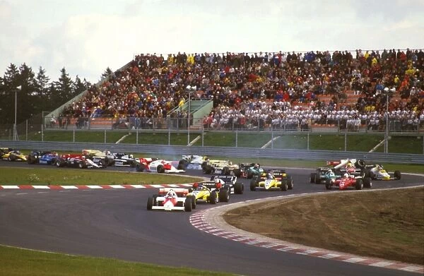 1984 European Grand Prix: Alain Prost leads Patrick Tambay, Nelson Piquet and Derek Warwick at the start