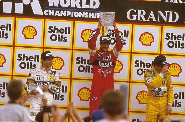 1987 British Grand Prix: Nigel Mansell 1st position, Nelson Piquet and Ayrton Senna 3rd position on the podium