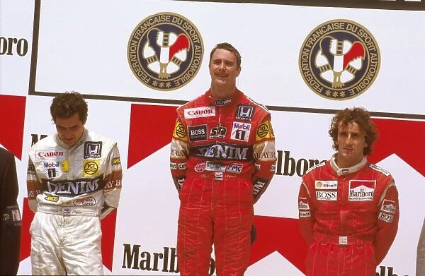 1987 French Grand Prix: Nigel Mansell 1st position, Nelson Piquet 2nd position and Alain Prost 3rd position on the podium