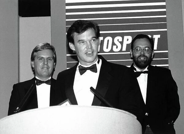1989 Autosport Awards. Cafe Royal, London, England. 4th January 1990. Steve Rider, Peter Foubister and the Sportsman of the Year award winner Al Unser, Jr. World Copyright: LAT Photographic. Ref: B / W Print